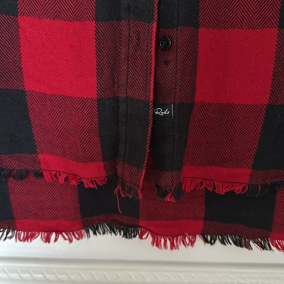 Rails Red and Black Flannel Button Up with Fringe hem and embroidery, Size M - Picture 3 of 6
